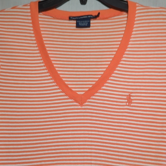 Ralph Lauren Sport Women's Slim Fit Short Sleeve V Neck Top Striped Size Large - Picture 1 of 5